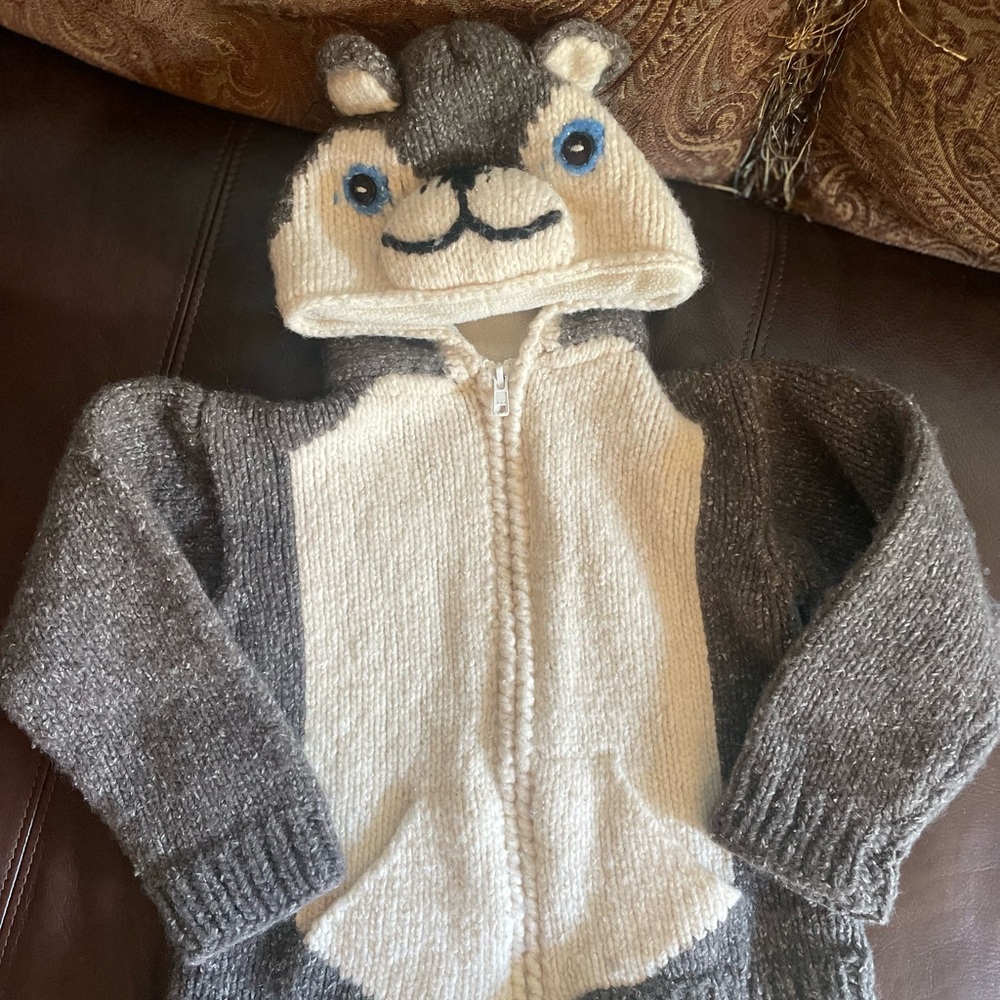 E.C.C. Unique Wool Wolf Zip Sweater Jacket With Pockets, Kids 6 Unique Handmade